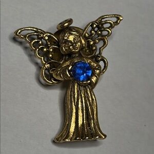 September Birthstone Gold Tone Guardian Angel Brooch Pin Blue Gemstone